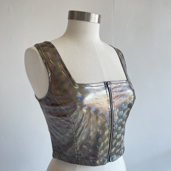 Vtg 80's Tripp NYC Holographic Zip Up Cropped Tank L RARE Rave Club Techno Top - Picture 1 of 8